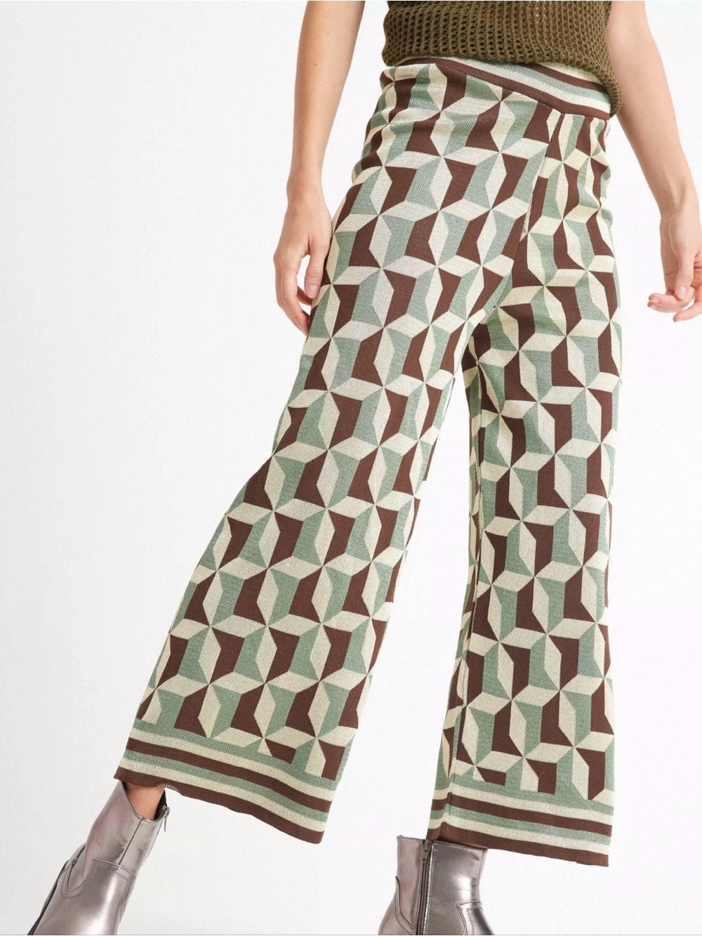 Zara Wide-Leg Geometric Knit Pants in Green and Brown